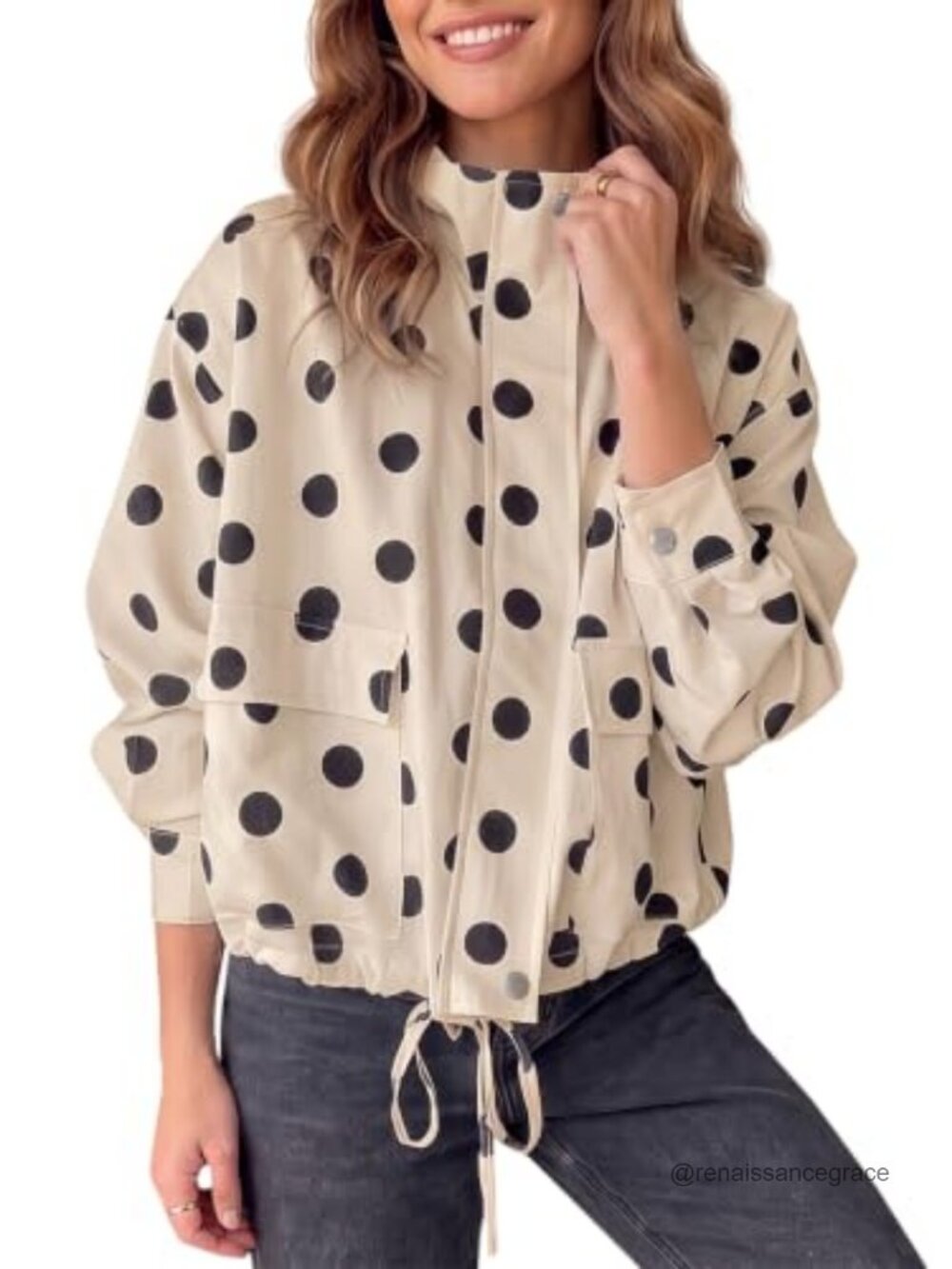 Women's Polka Dot Cropped Casual Jacket Zip Up Lightweight Loose Fall Coat